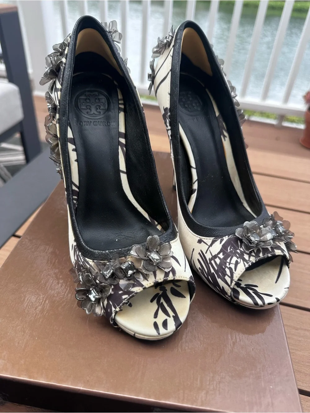 Tory Burch Black and White Floral Embellished Peep-Toe Heels